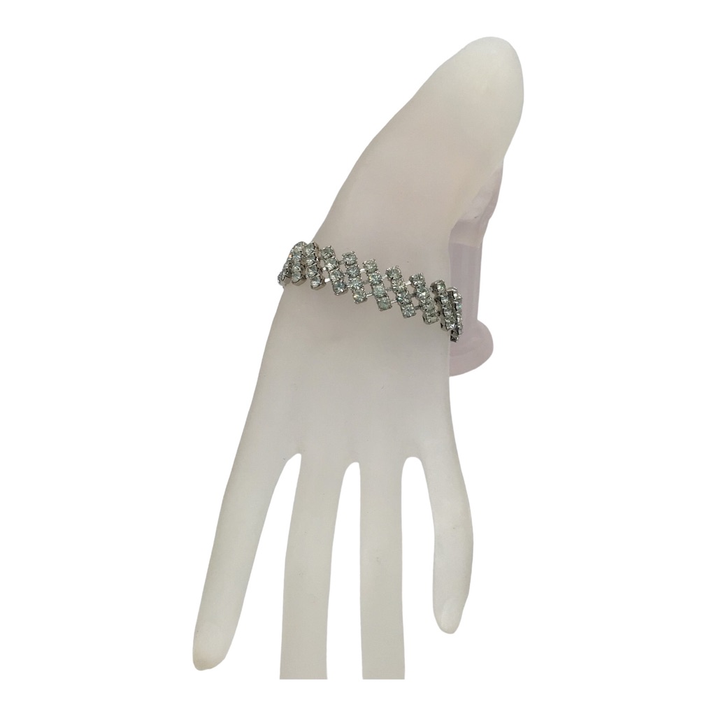 Vintage Silver Tone Prong Set Diagonal Rows Rhinestone Bracelet 22$